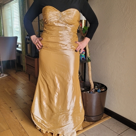 Lenovia Strapless Gold Ruched Gown With Bead Accents & Corset Back Formal Dress - Picture 9 of 9